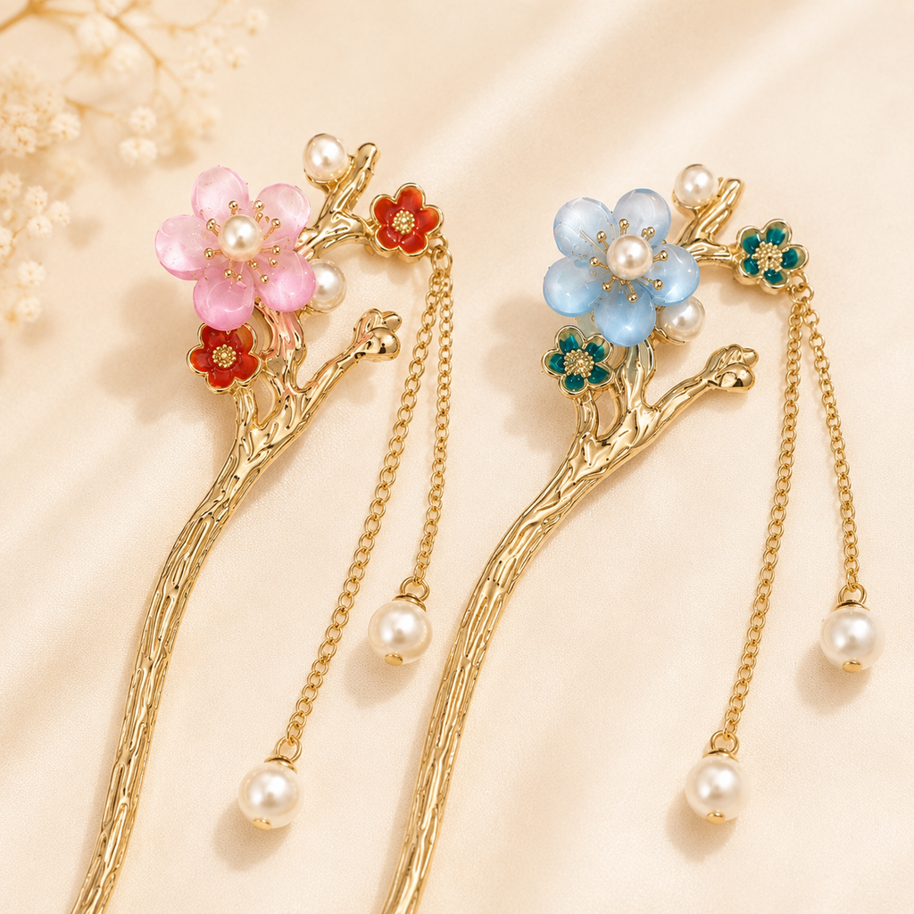 Peach Blossom Tassel Hair Stick
