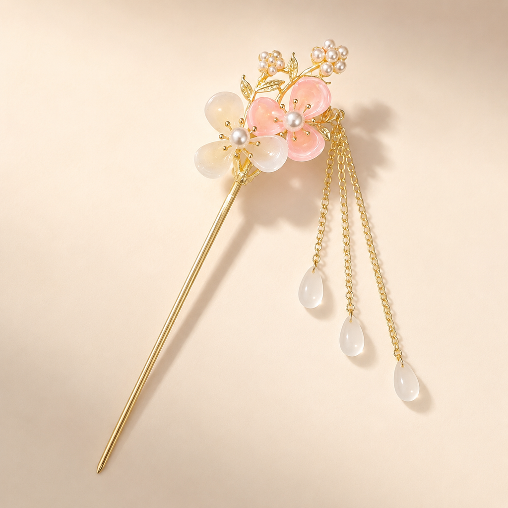 Pink White Floral Pearl Tassel Hair Stick