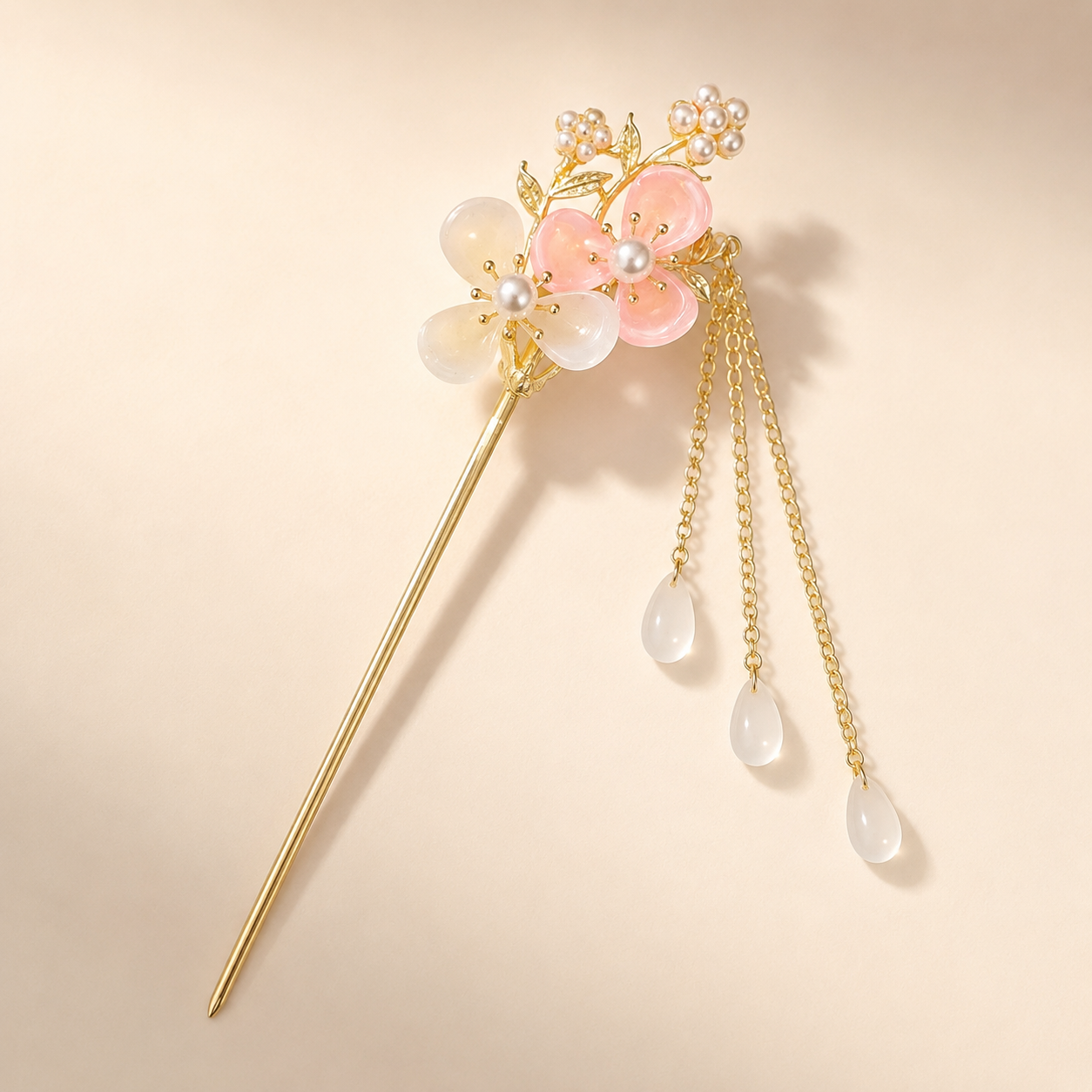 Pink White Floral Pearl Tassel Hair Stick