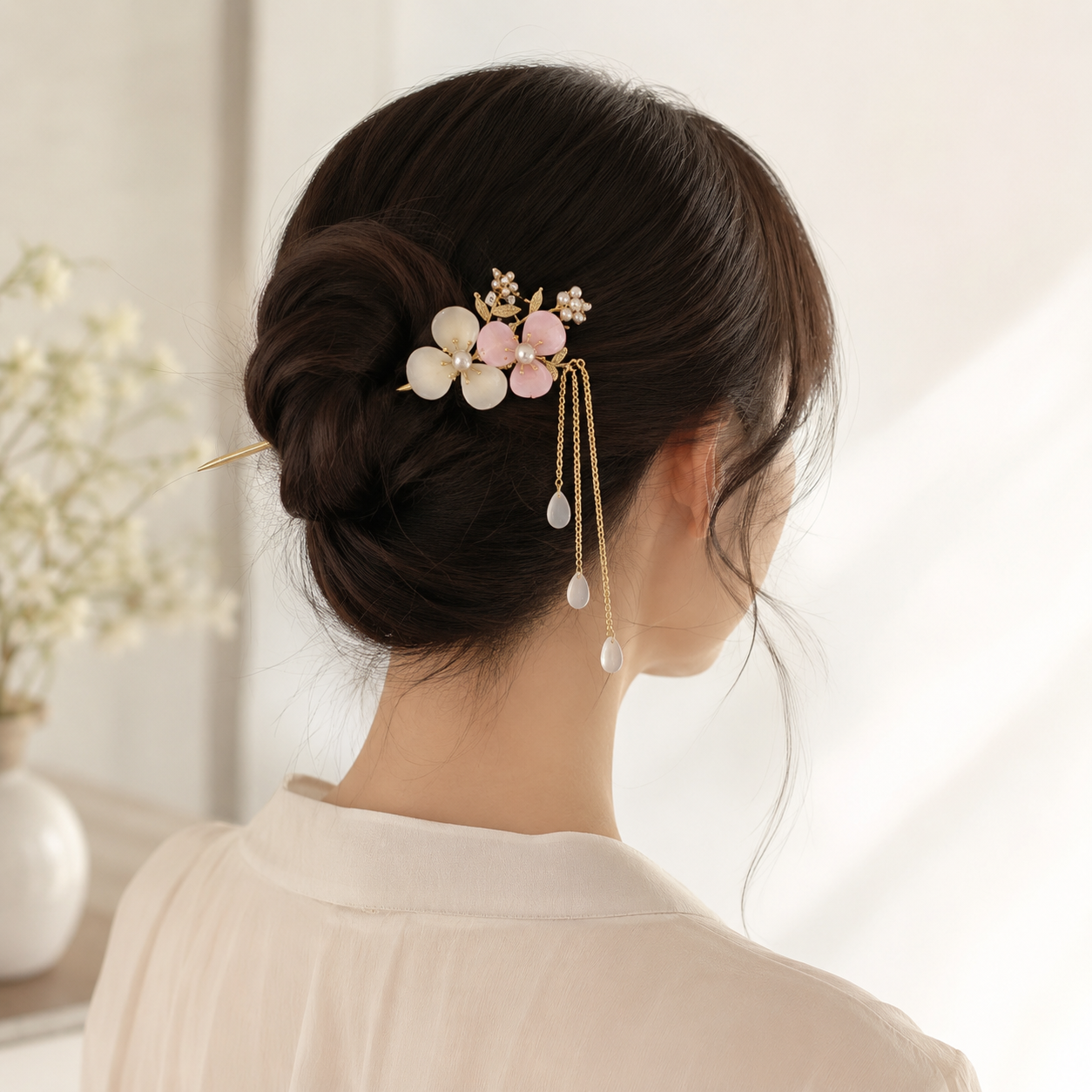 Pink White Floral Pearl Tassel Hair Stick