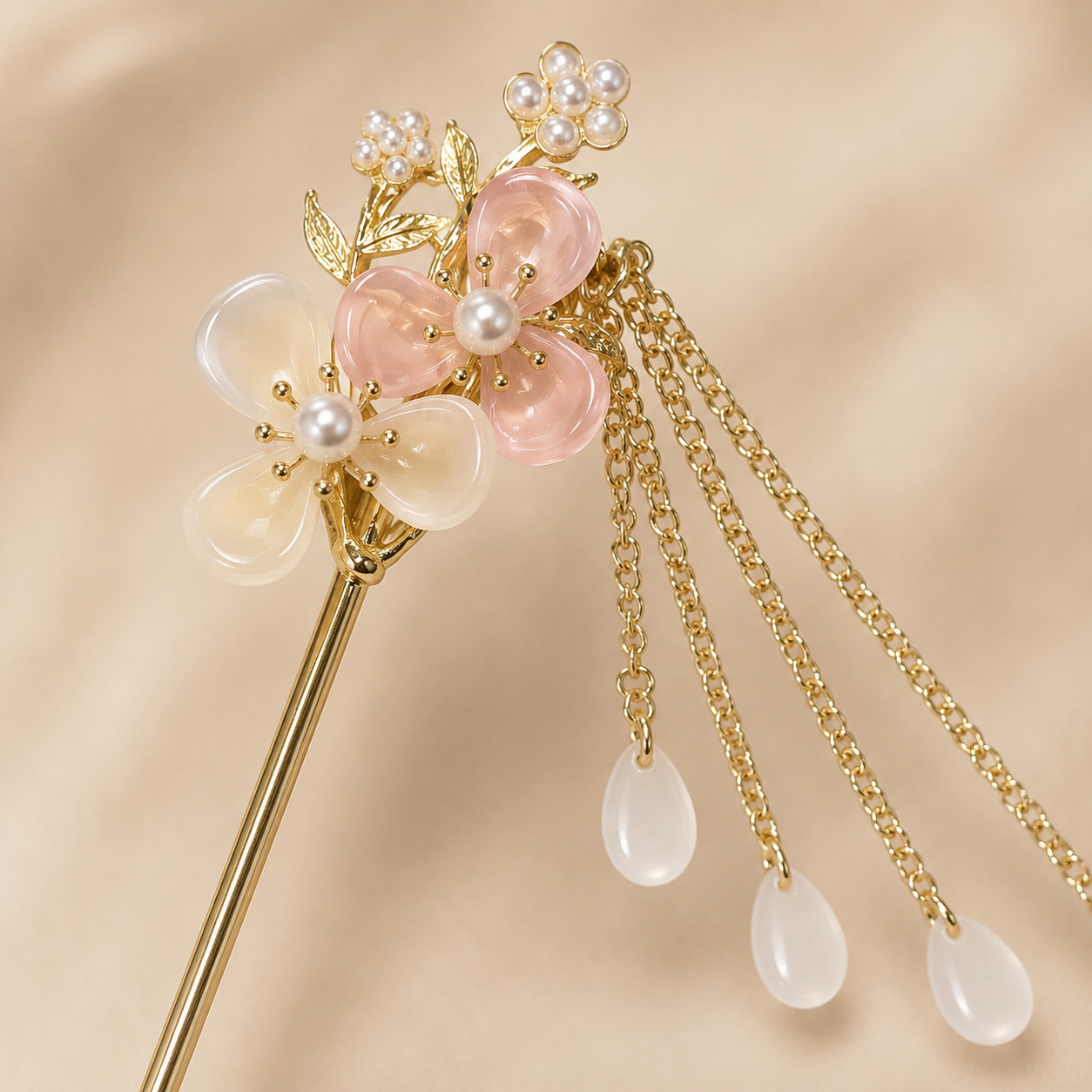 Pink White Floral Pearl Tassel Hair Stick