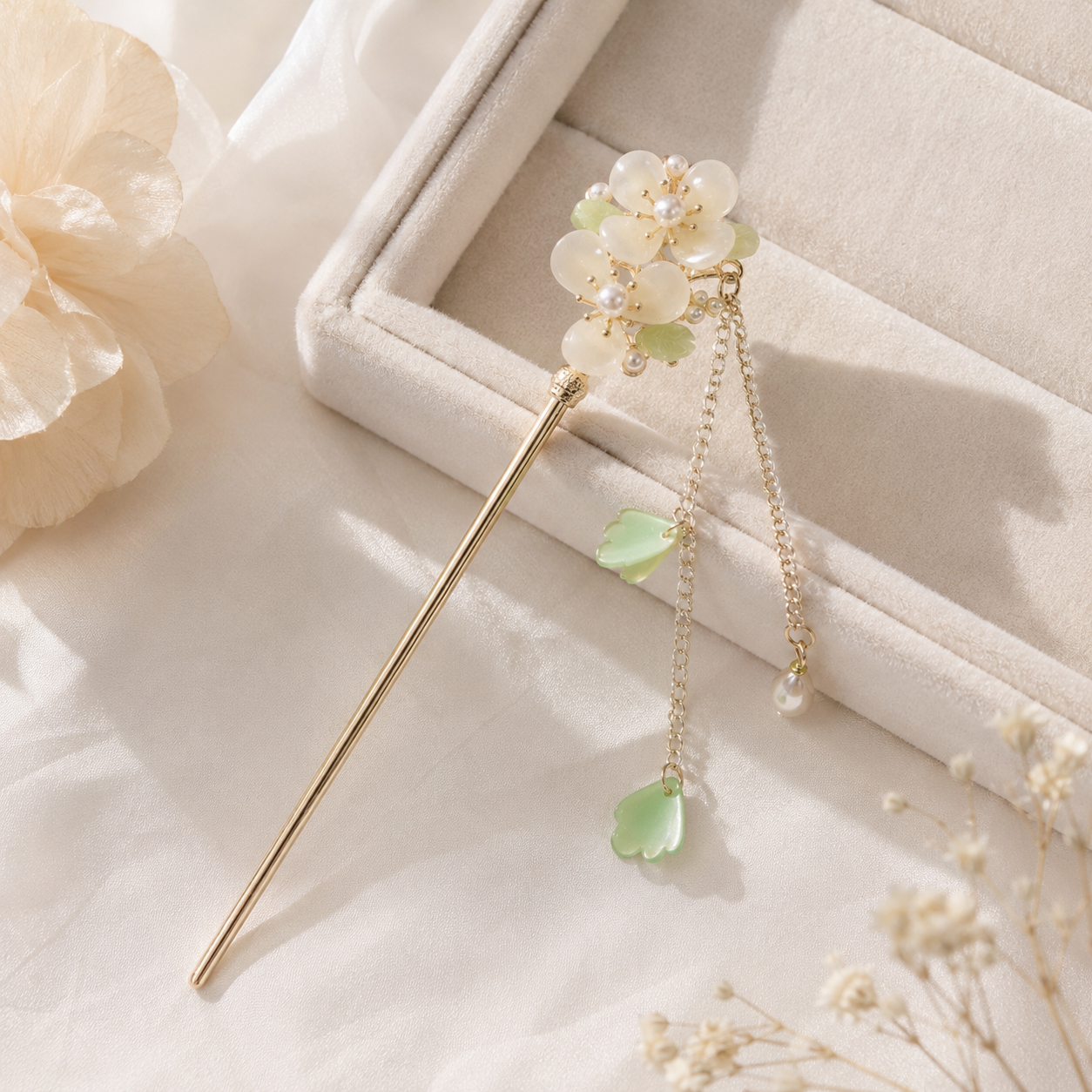 Ivory Pear Blossom Pearl Tassel Hair Stick