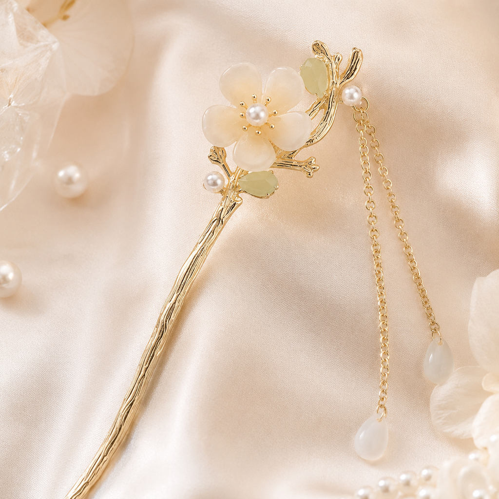 Ivory Magnolia Pearl Tassel Hair Stick