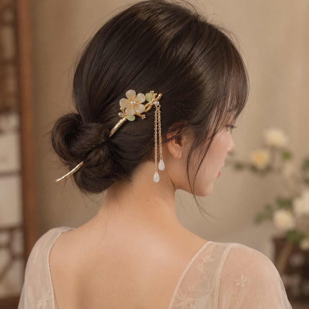 Ivory Magnolia Pearl Tassel Hair Stick