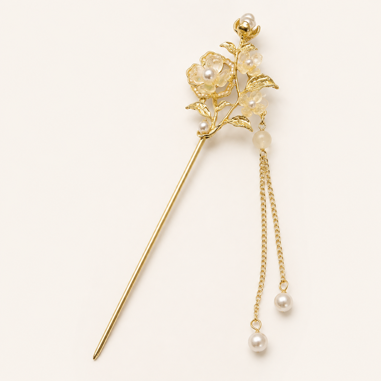 Golden Ivory Blossom Pearl Tassel Hair Stick