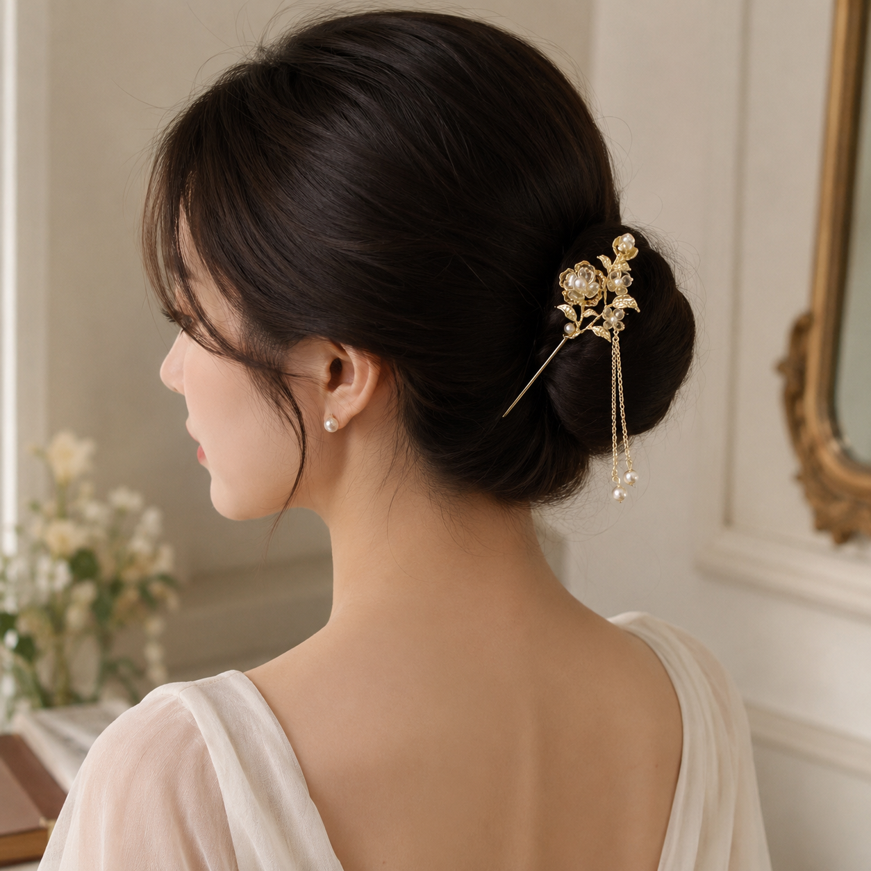 Golden Ivory Blossom Pearl Tassel Hair Stick