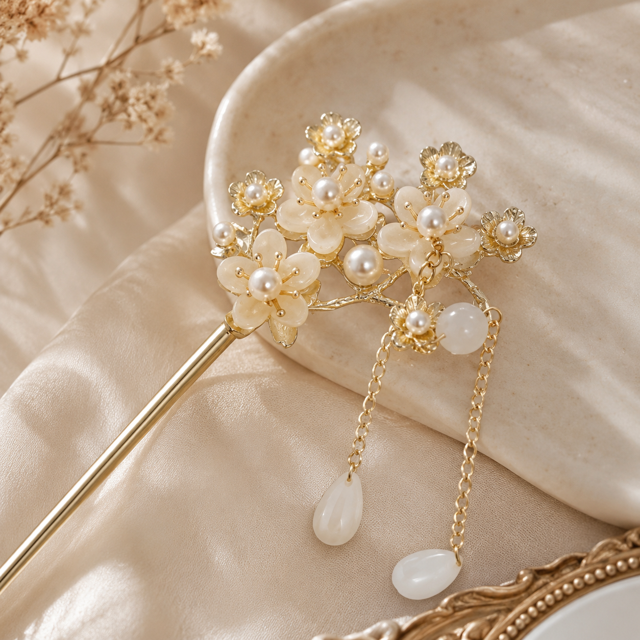 Pearl Blossom Tassel Hair Stick