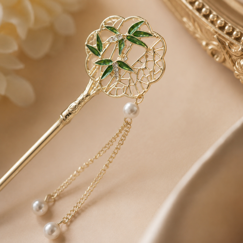 Bamboo Fan Pearl Tassel Hair Stick