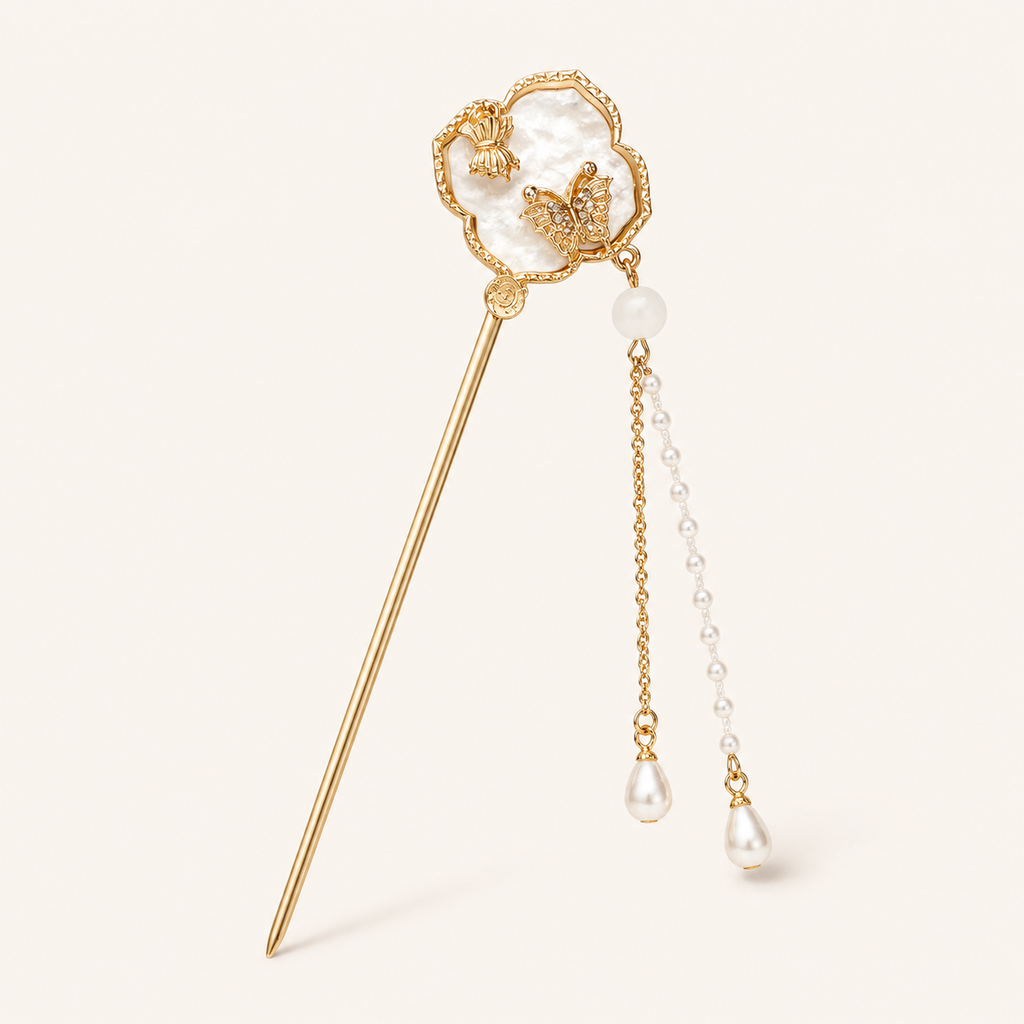 Dream Double Butterfly Pearl Tassel Hair Stick