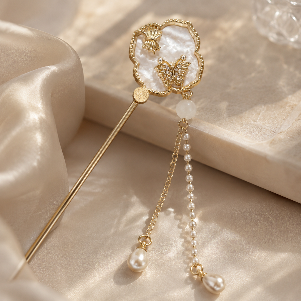 Dream Double Butterfly Pearl Tassel Hair Stick