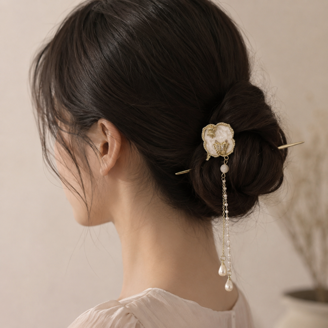 Dream Double Butterfly Pearl Tassel Hair Stick