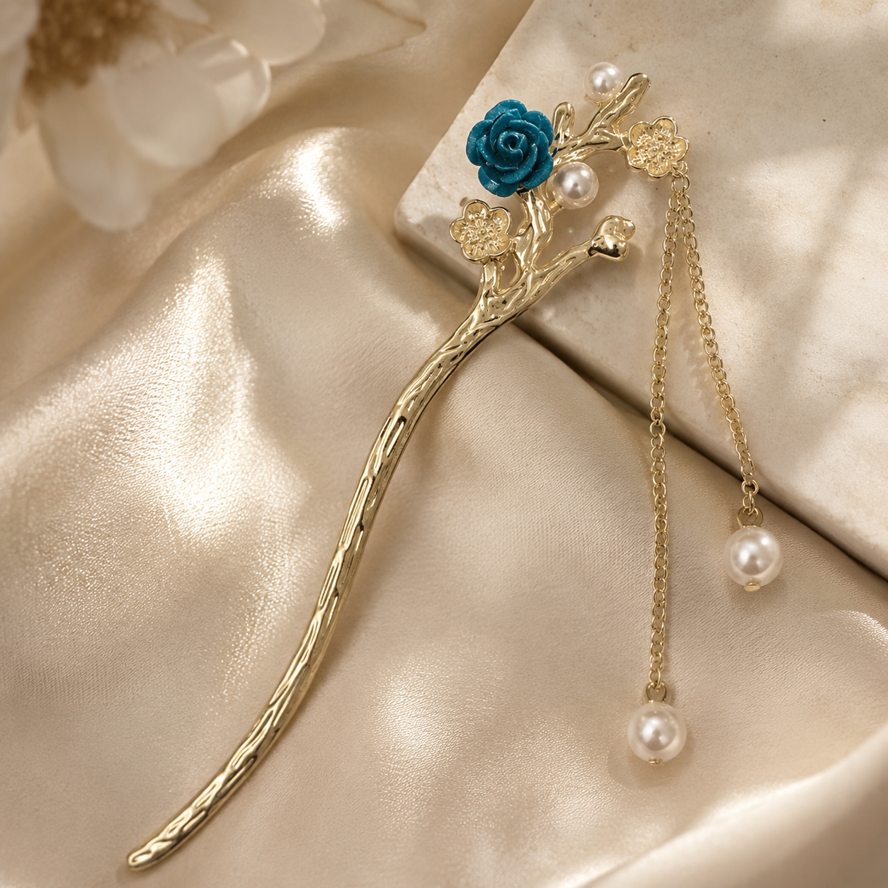 Blue Flocked Plum Blossom Pearl Hair Stick