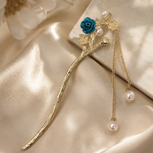 Blue Flocked Plum Blossom Pearl Hair Stick