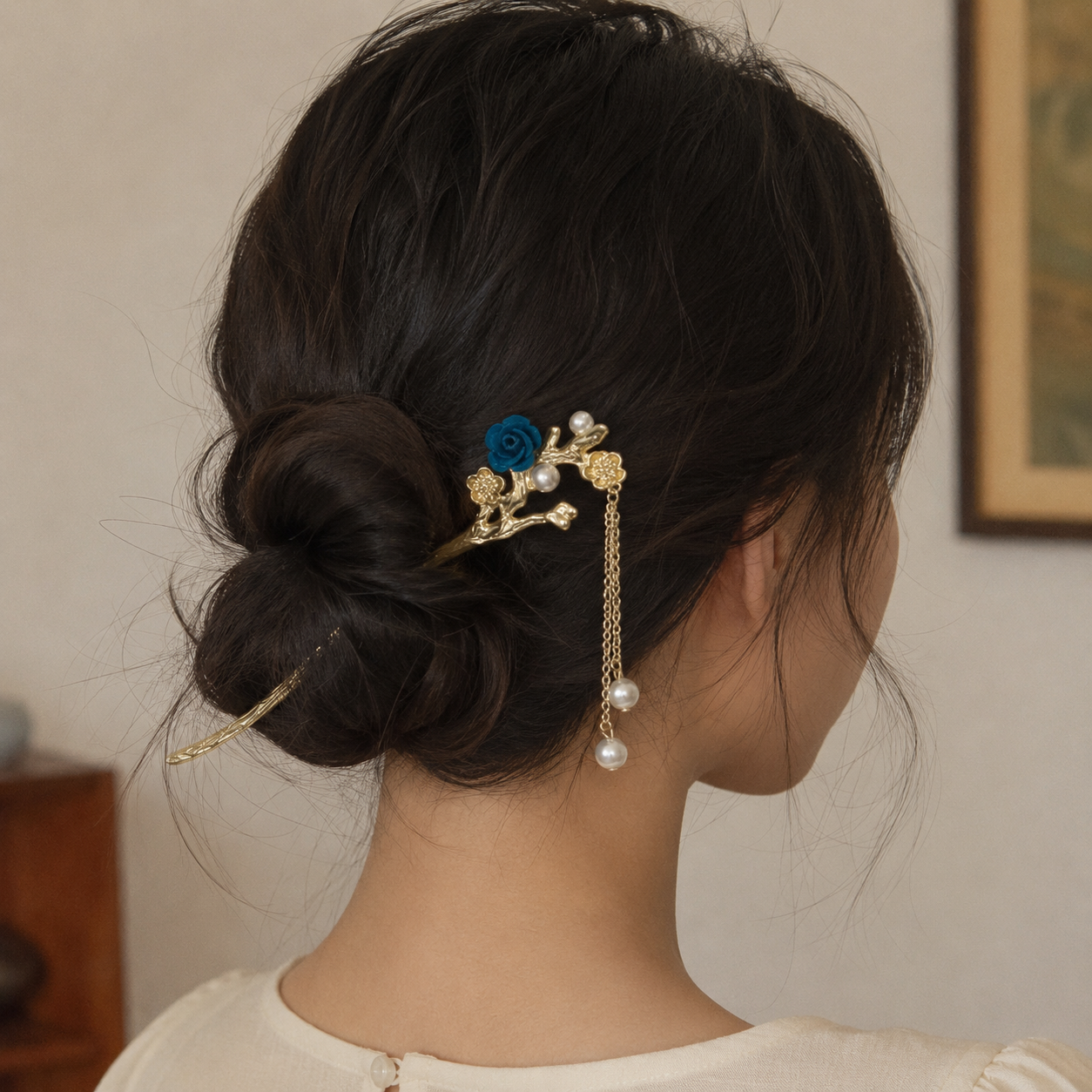 Blue Flocked Plum Blossom Pearl Hair Stick