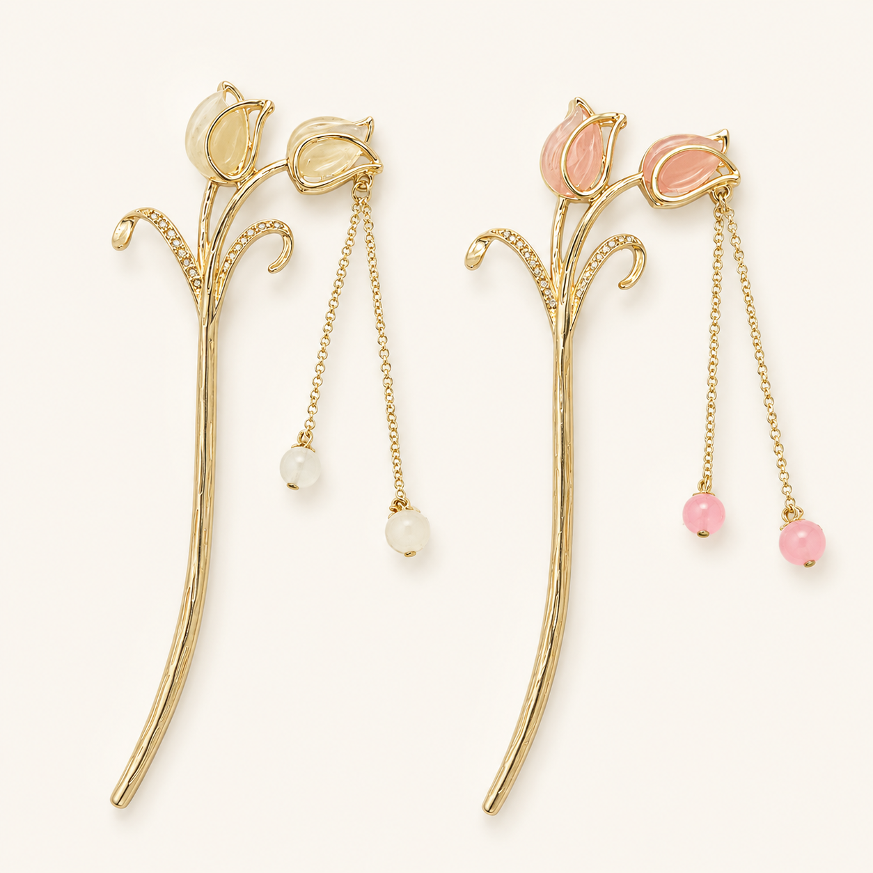 Gold & Pink Tulip Tassel Hair Stick