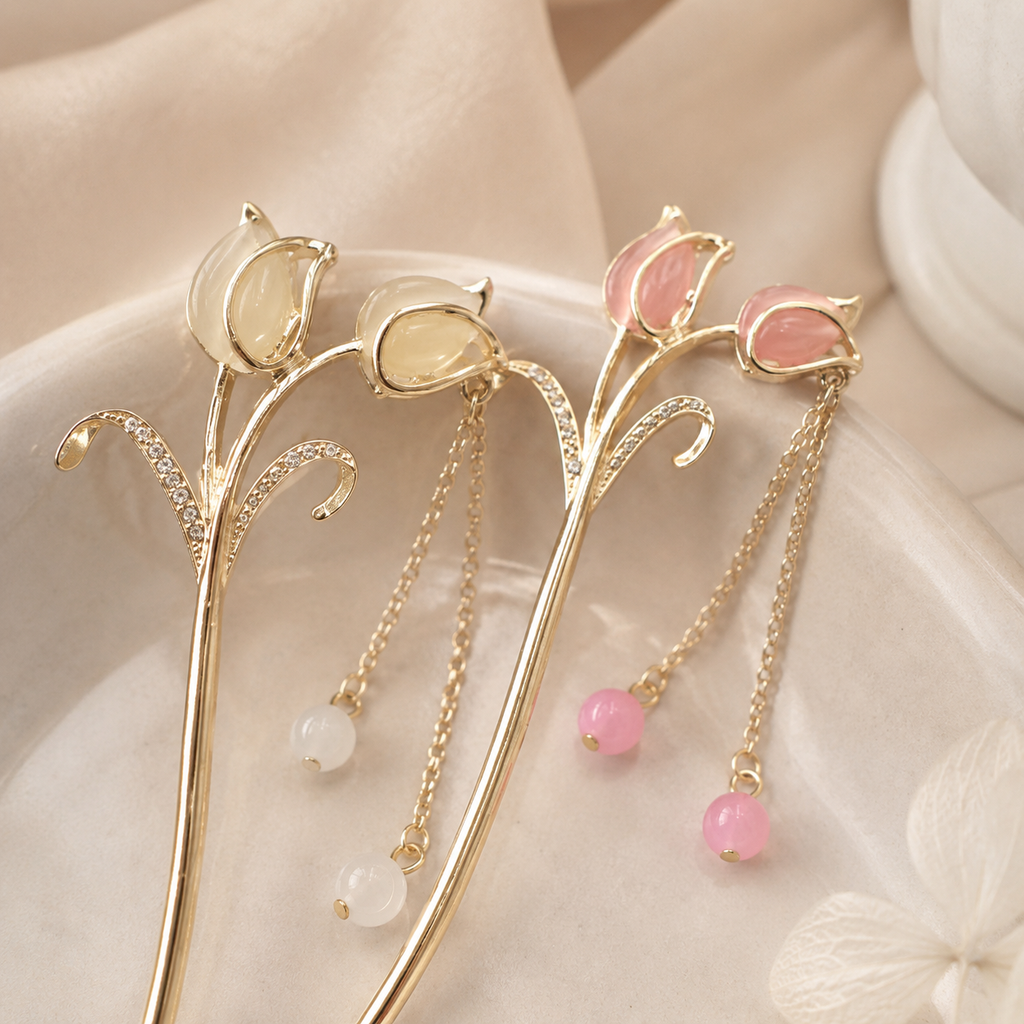 Gold & Pink Tulip Tassel Hair Stick