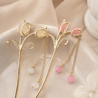 Gold & Pink Tulip Tassel Hair Stick