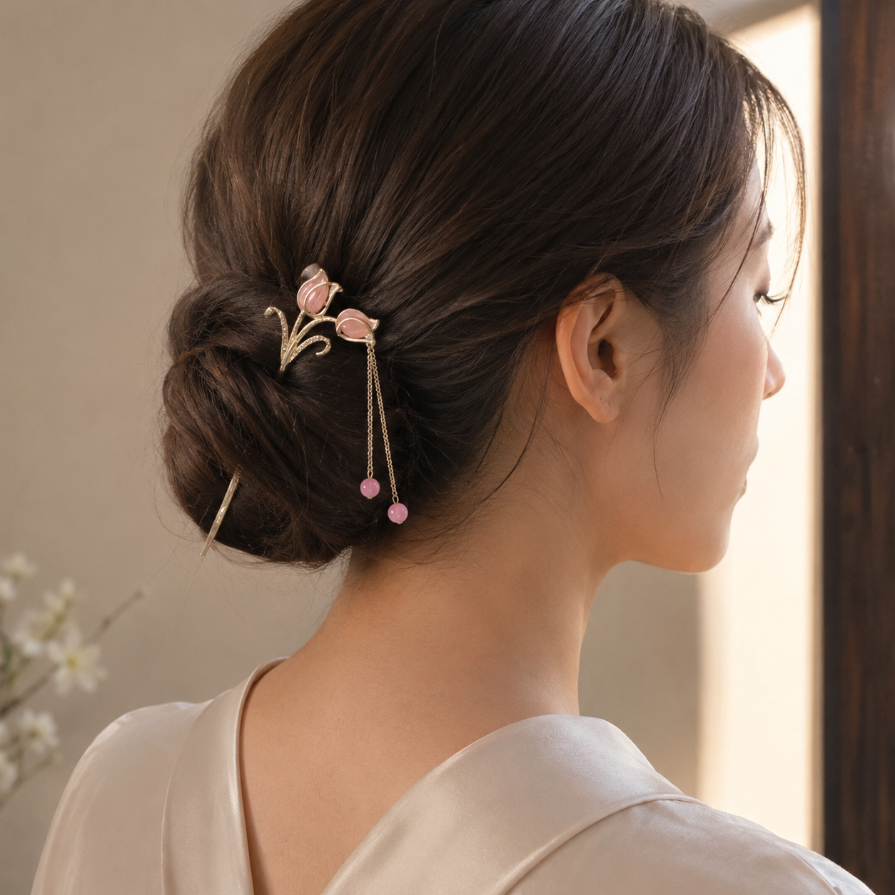 Gold & Pink Tulip Tassel Hair Stick