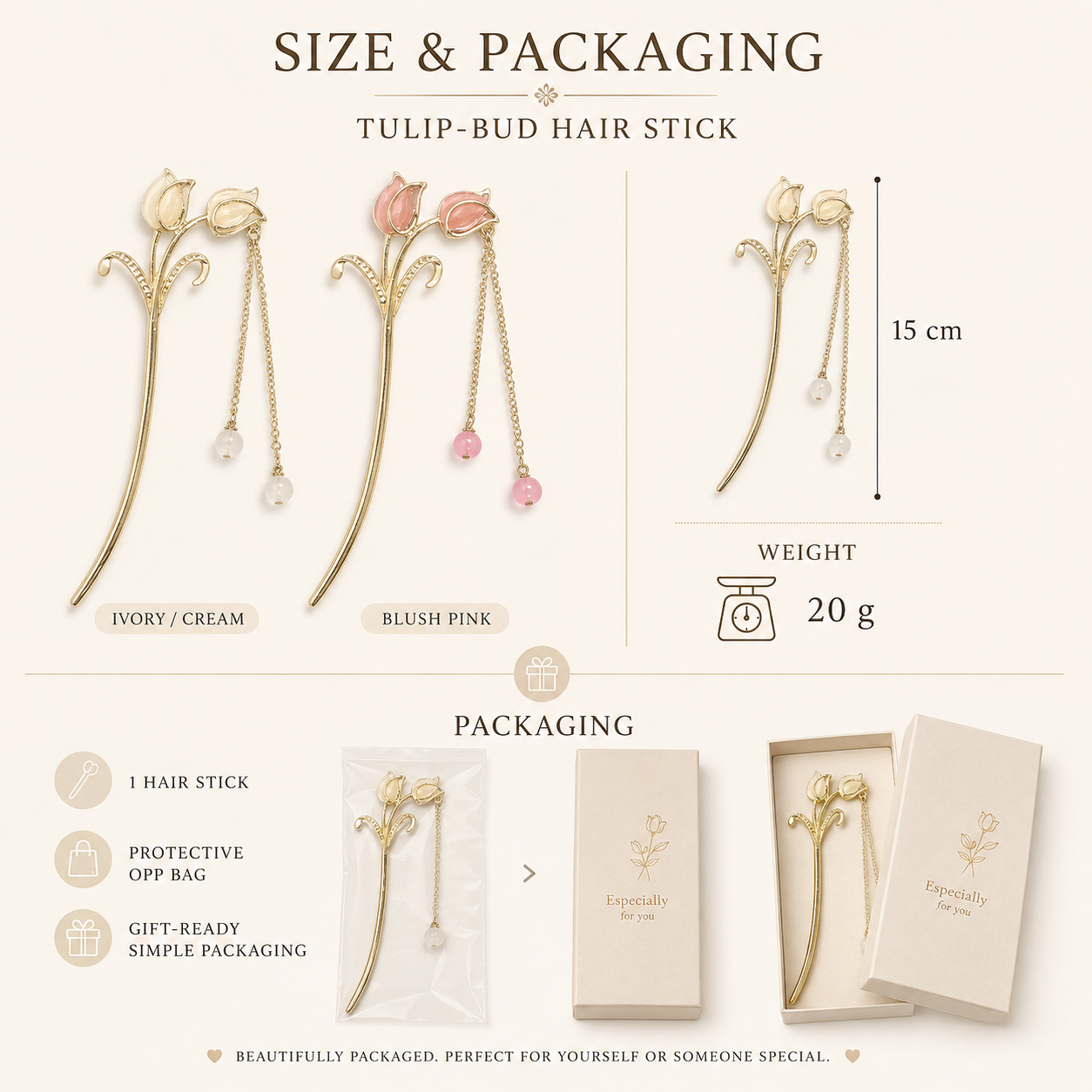 Gold & Pink Tulip Tassel Hair Stick