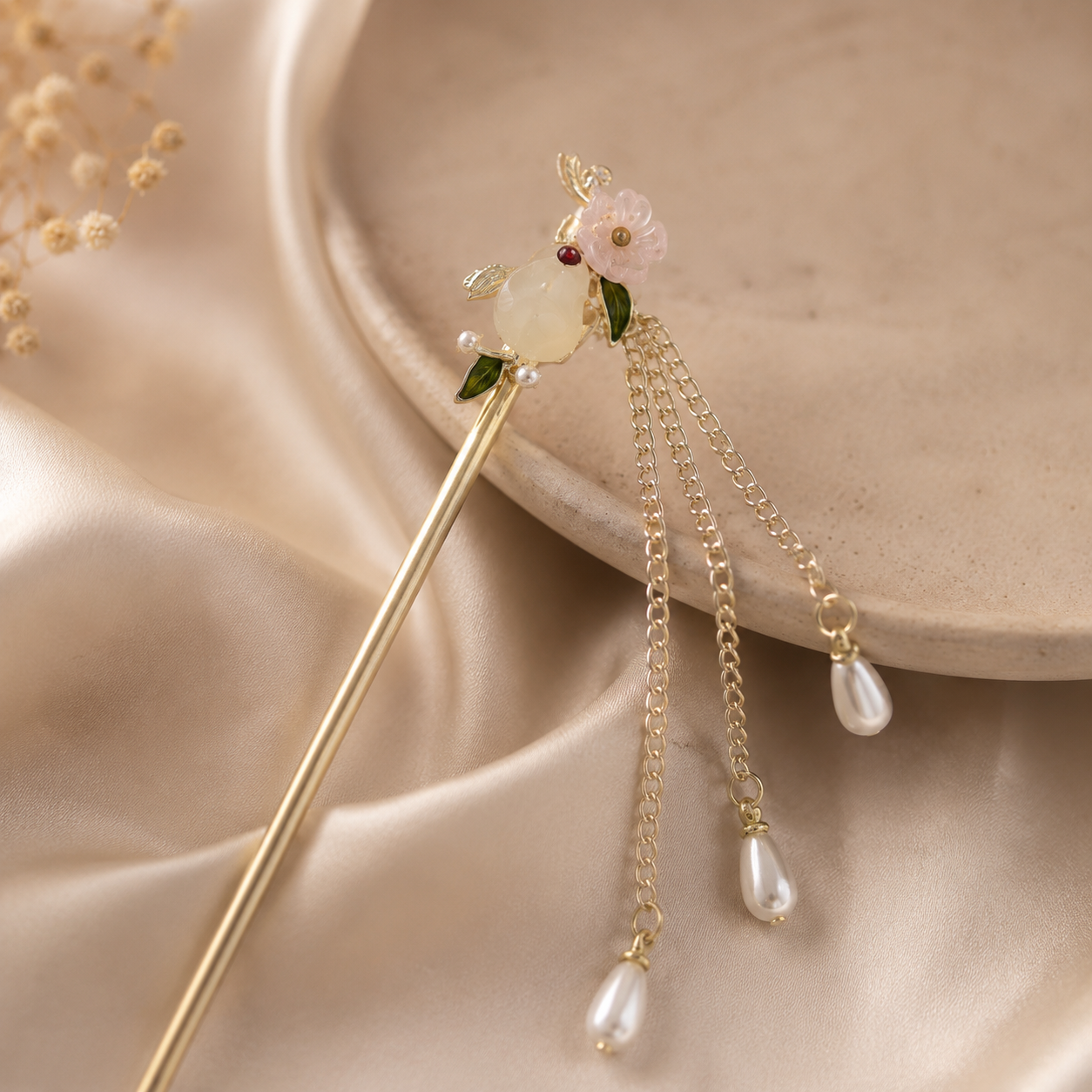 Moon Rabbit Blossom Pearl Tassel Hair Stick