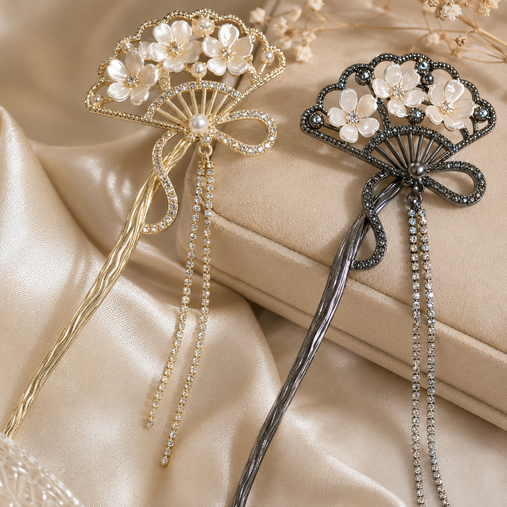 Floral Fan Rhinestone Hair Stick