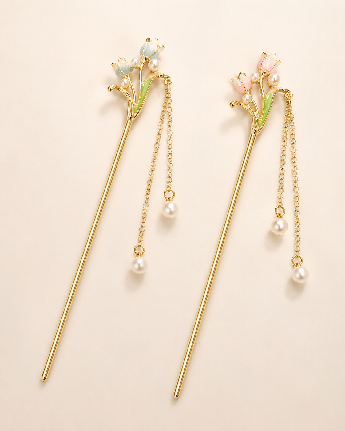 Tulip Pearl Tassel Hair Stick – Pink / Blue