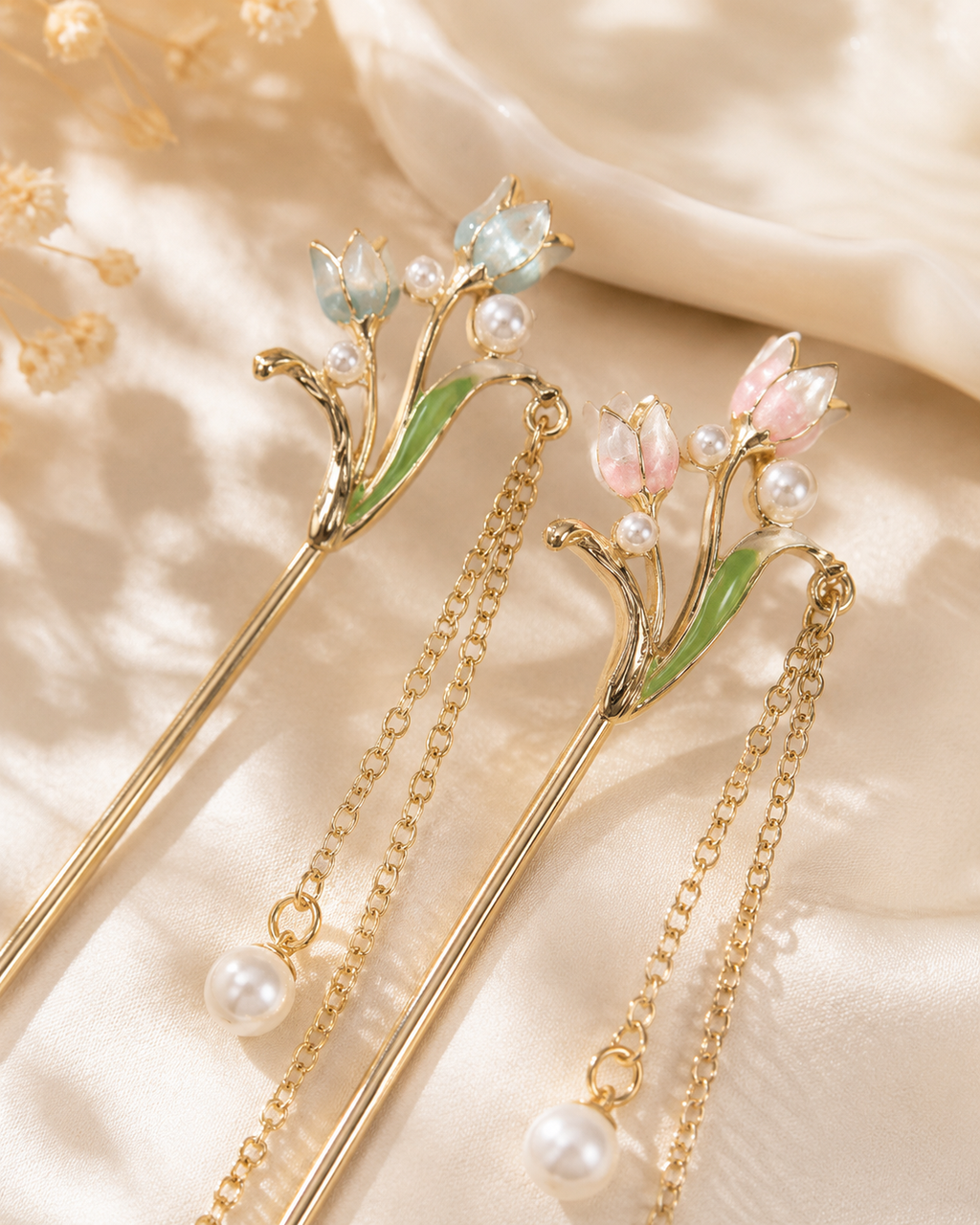 Tulip Pearl Tassel Hair Stick – Pink / Blue