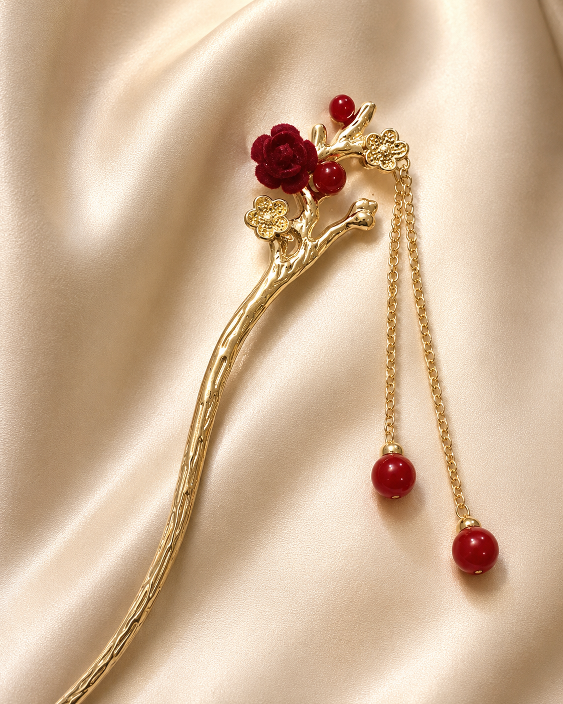 Red Plum Blossom Tassel Hair Stick