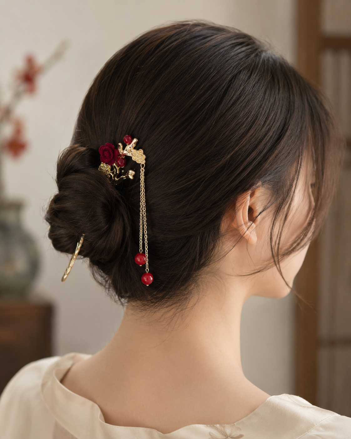 Red Plum Blossom Tassel Hair Stick
