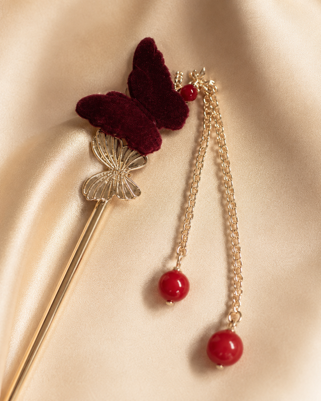 Flocked Rose Butterfly Tassel Hair Stick
