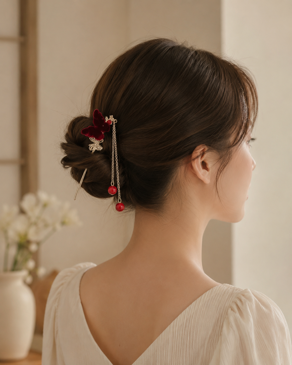 Flocked Rose Butterfly Tassel Hair Stick
