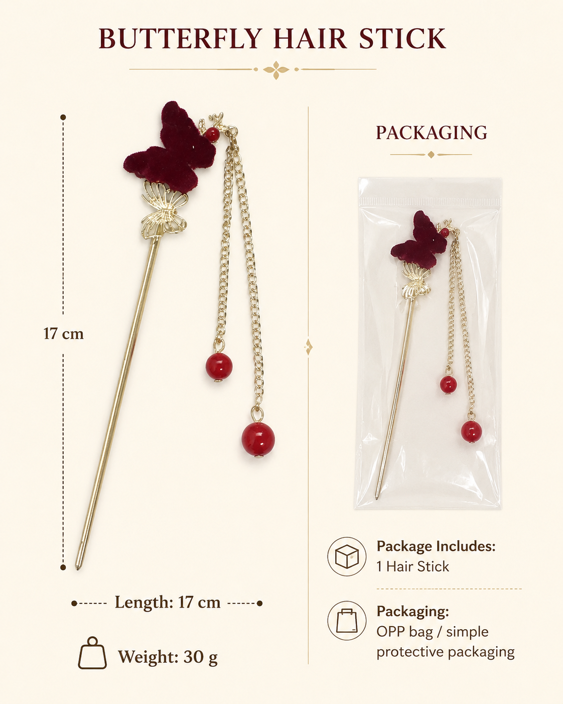 Flocked Rose Butterfly Tassel Hair Stick