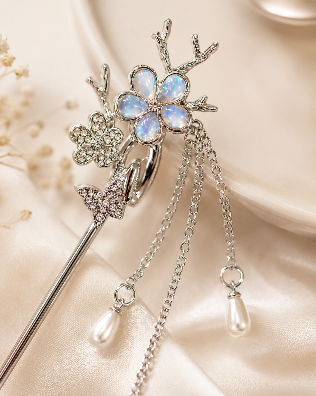 Iridescent Flower Tassel Hair Stick