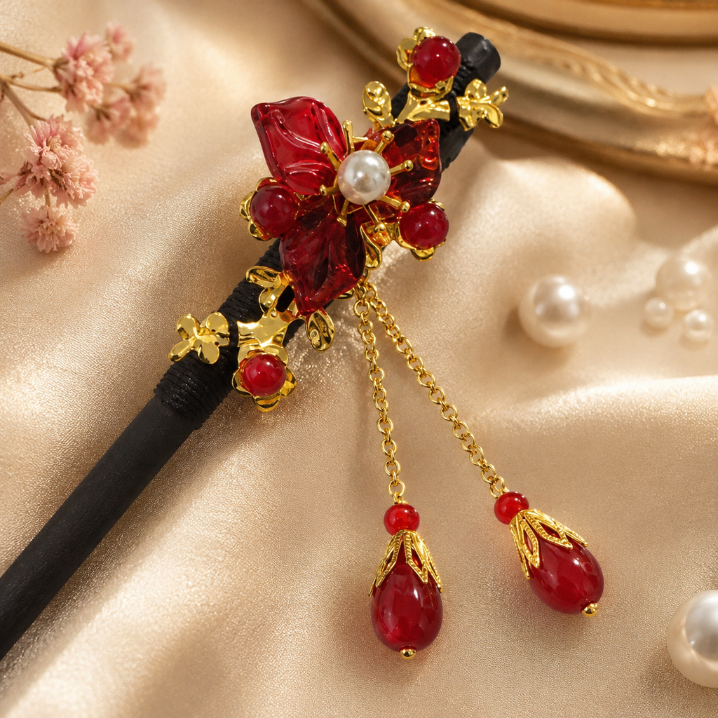 Scarlet Plum Blossom Hair Stick