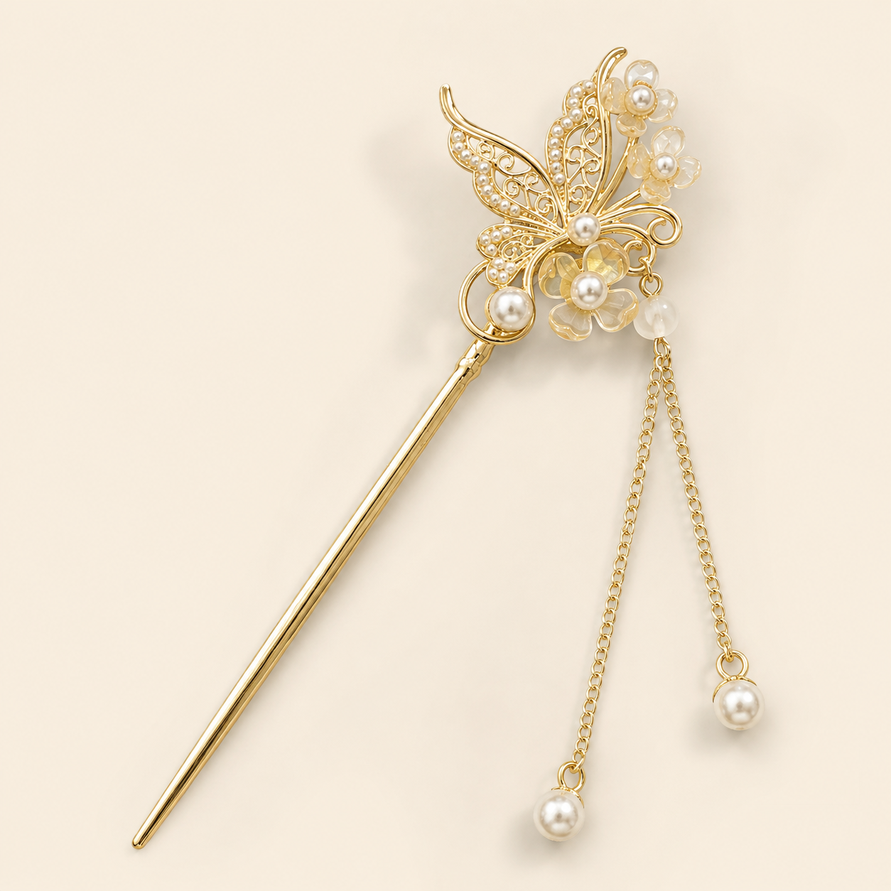 Butterfly Pearl Floral Tassel Hair Stick