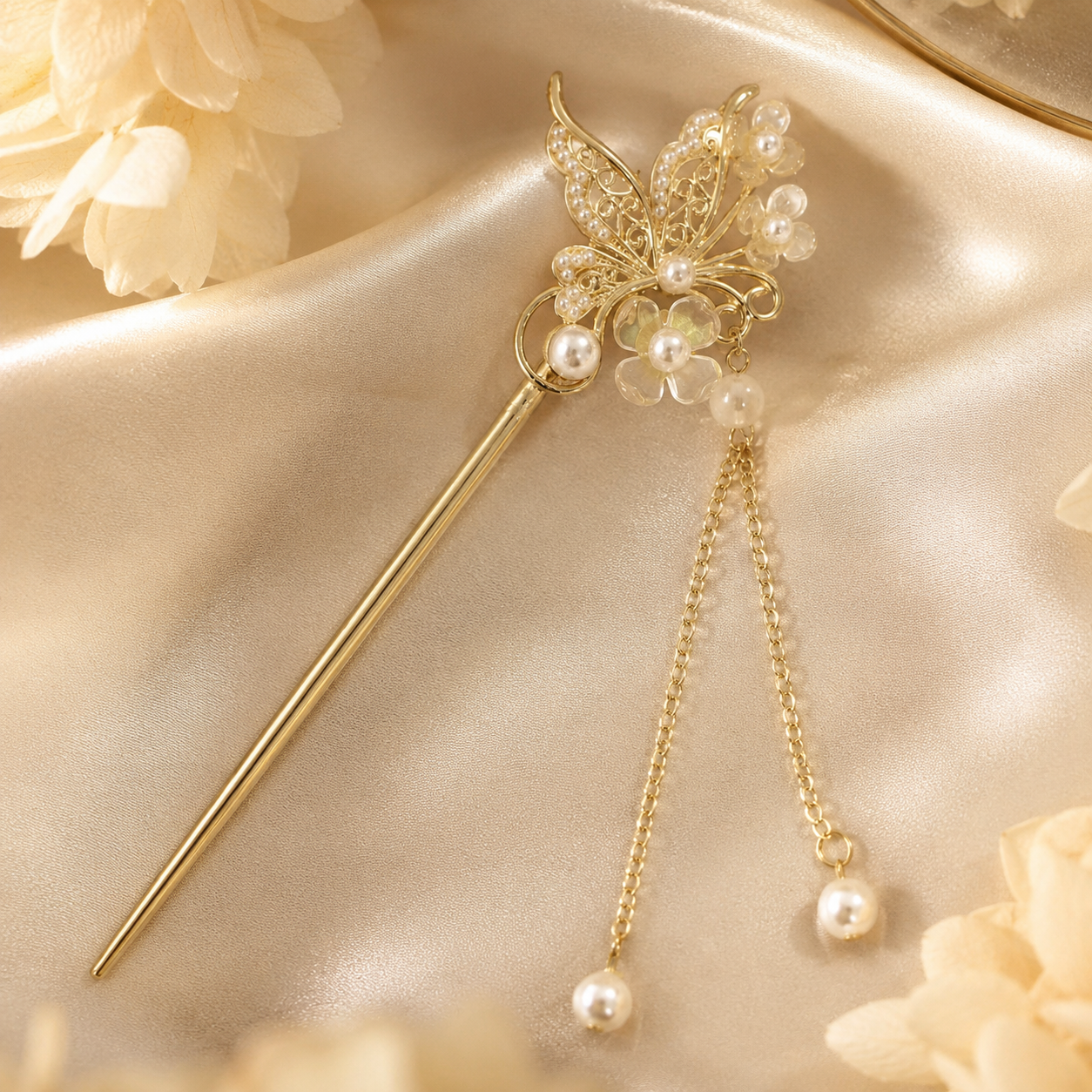 Butterfly Pearl Floral Tassel Hair Stick