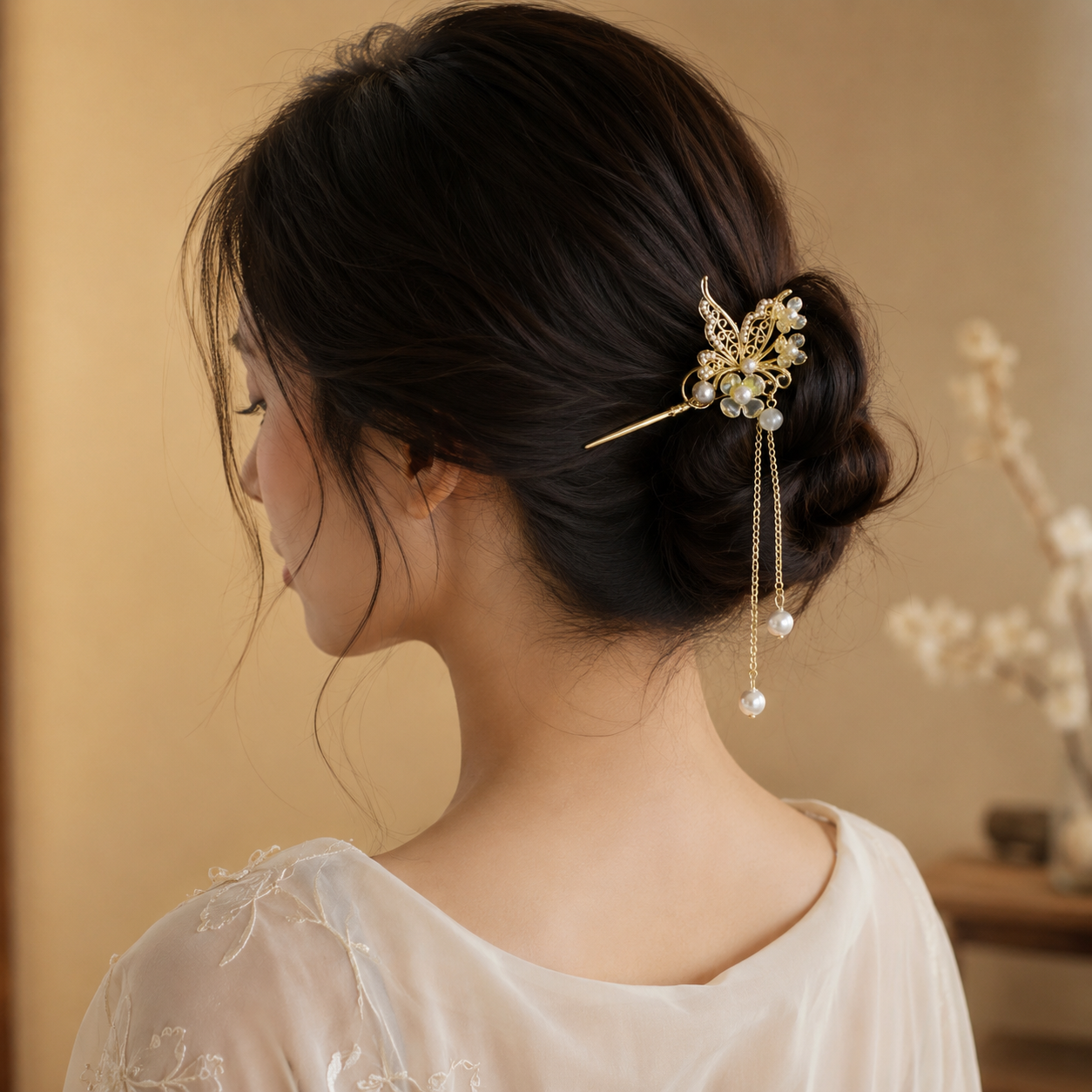 Butterfly Pearl Floral Tassel Hair Stick