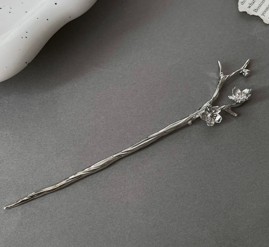 Plum Blossom Branch Hair Stick, Silver Gunmetal Hairpin, Dark Academia Accessory