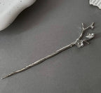 Plum Blossom Branch Hair Stick, Silver Gunmetal Hairpin, Dark Academia Accessory