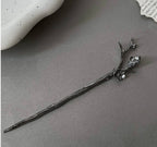 Plum Blossom Branch Hair Stick, Silver Gunmetal Hairpin, Dark Academia Accessory