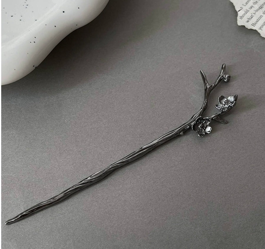 Plum Blossom Branch Hair Stick, Silver Gunmetal Hairpin, Dark Academia Accessory