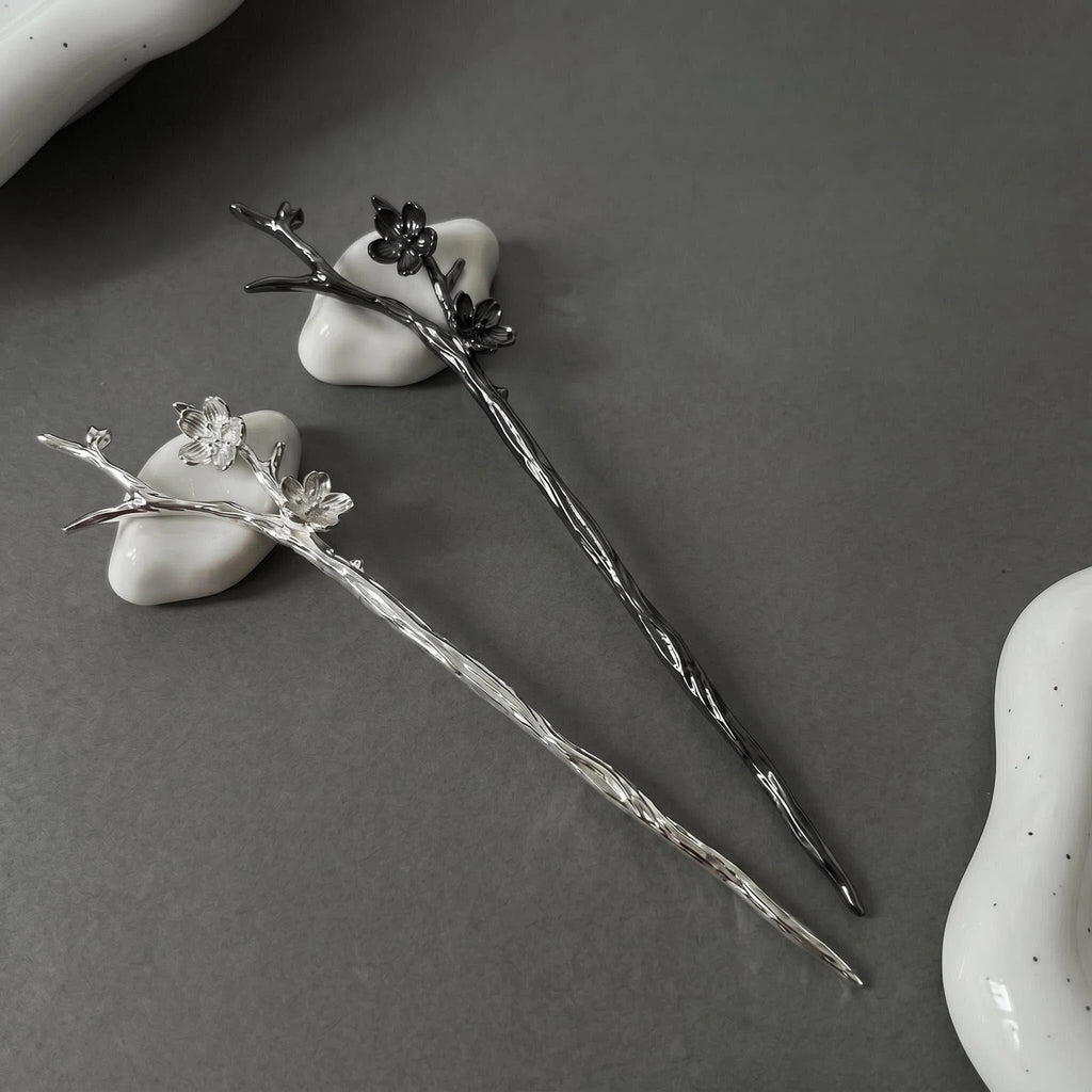 Plum Blossom Branch Hair Stick, Silver Gunmetal Hairpin, Dark Academia Accessory
