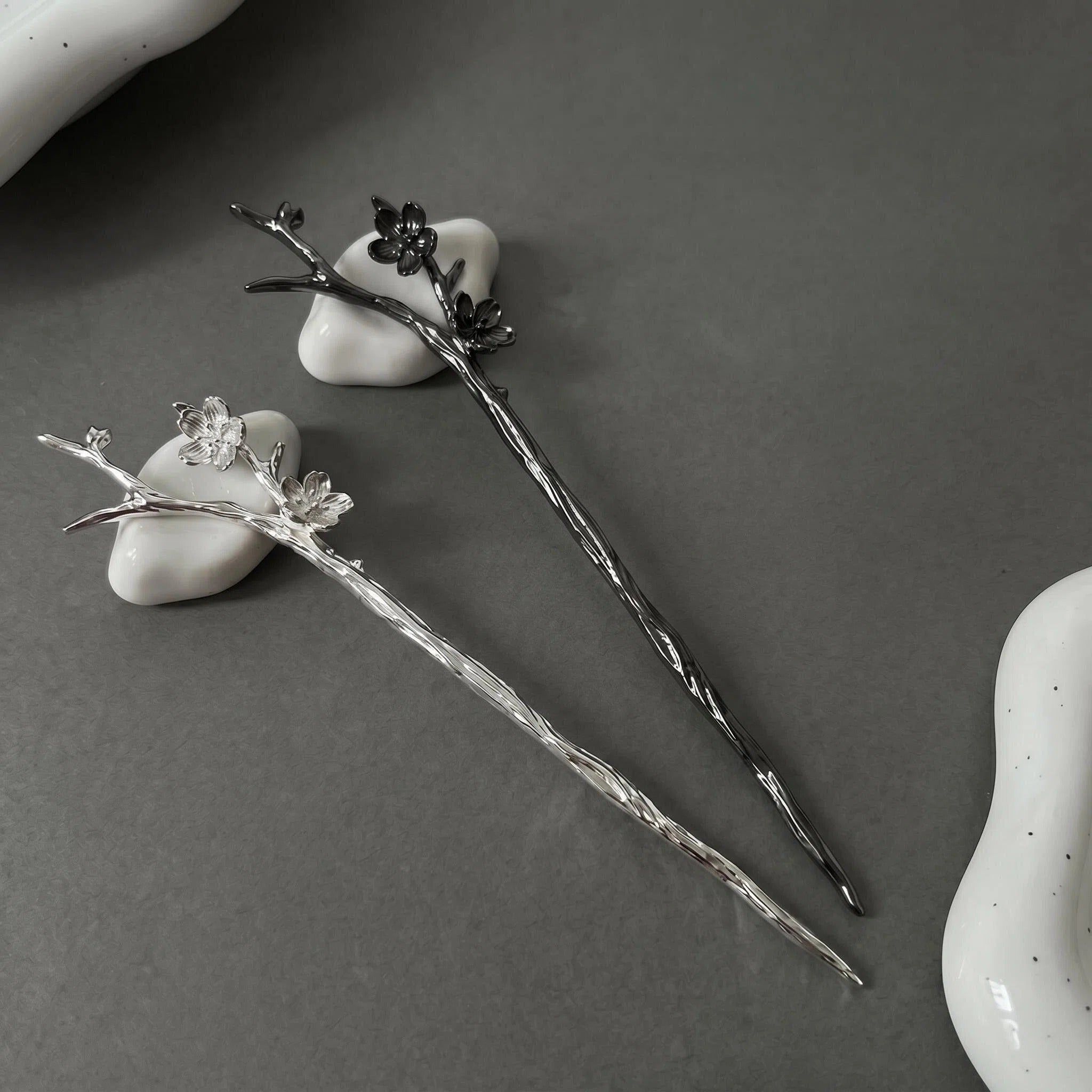 Plum Blossom Branch Hair Stick, Silver Gunmetal Hairpin, Dark Academia Accessory